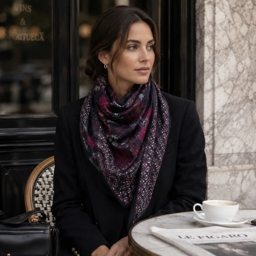 Vince Camuto Boho Floral Geometric Scarf Womens Navy Burgundy Hair‎ Wrap  Chic